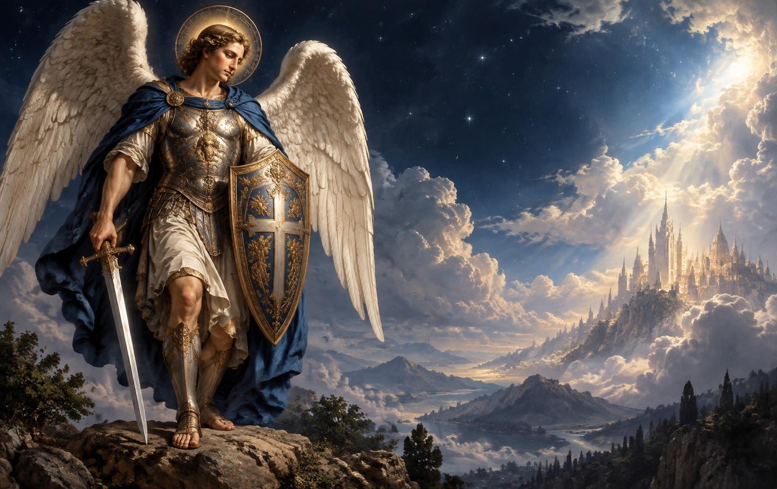 Reverent depiction of Saint Michael with shield and lowered sword